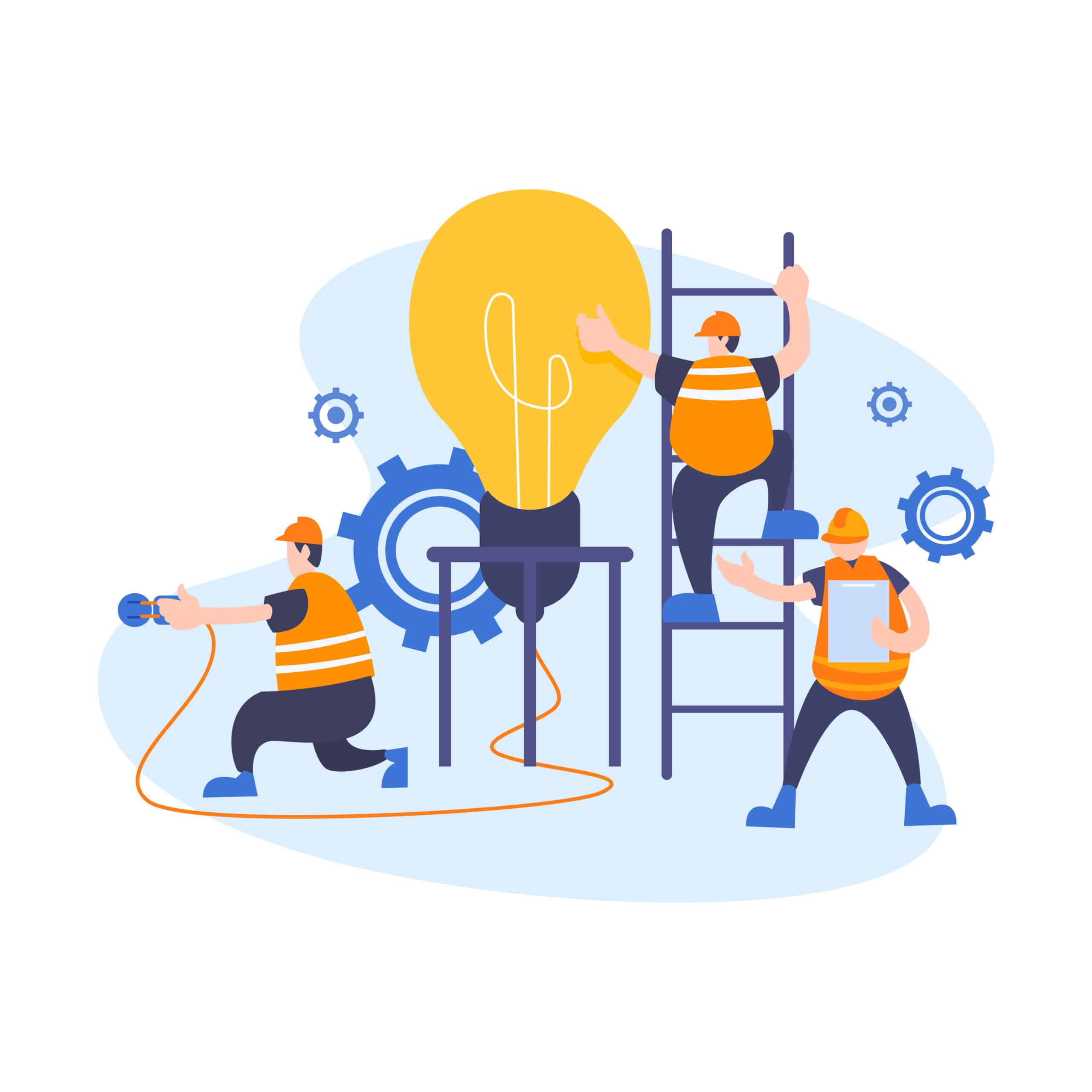 Group of young business people collaborating, solving problems, thinking about creative idea, brainstorming and teamwork concept. Engineer or worker flat style vector illustration.